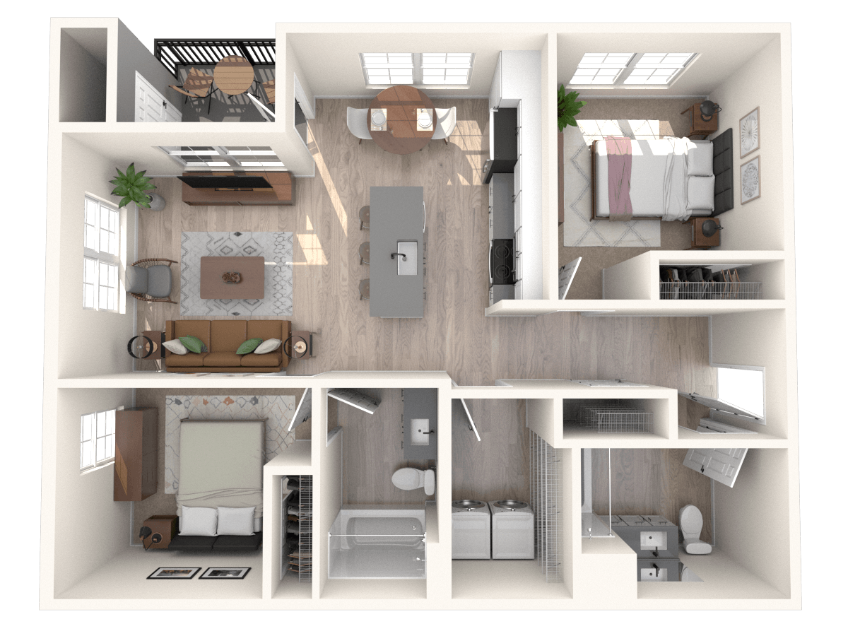 Floor plan for 2 beds, 2 baths, 985 sqft
